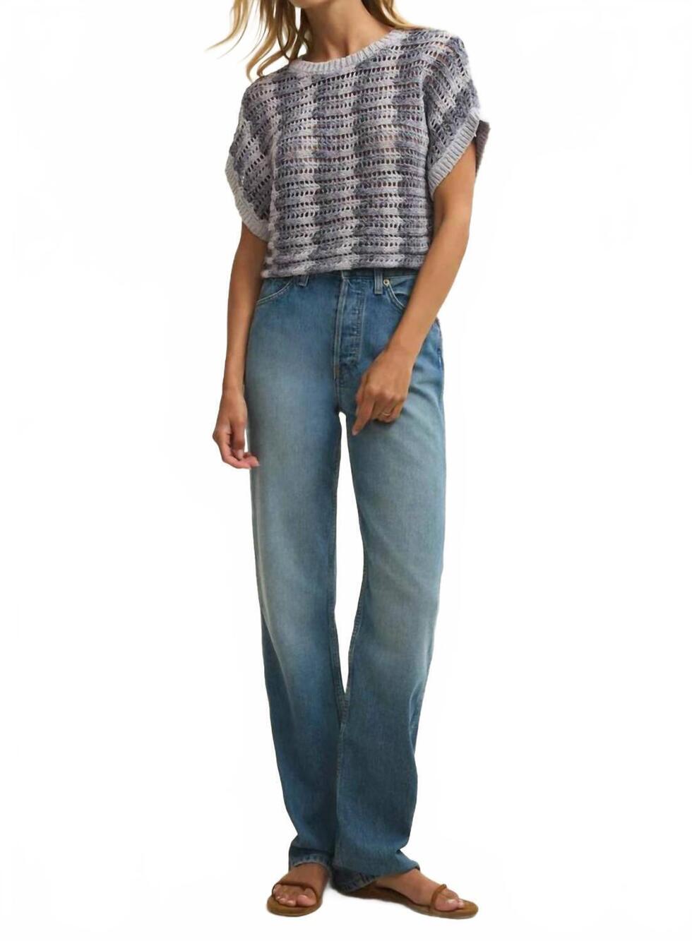 NEW Z SUPPLY ballast crochet stripe sweater top in calypso blue indigo